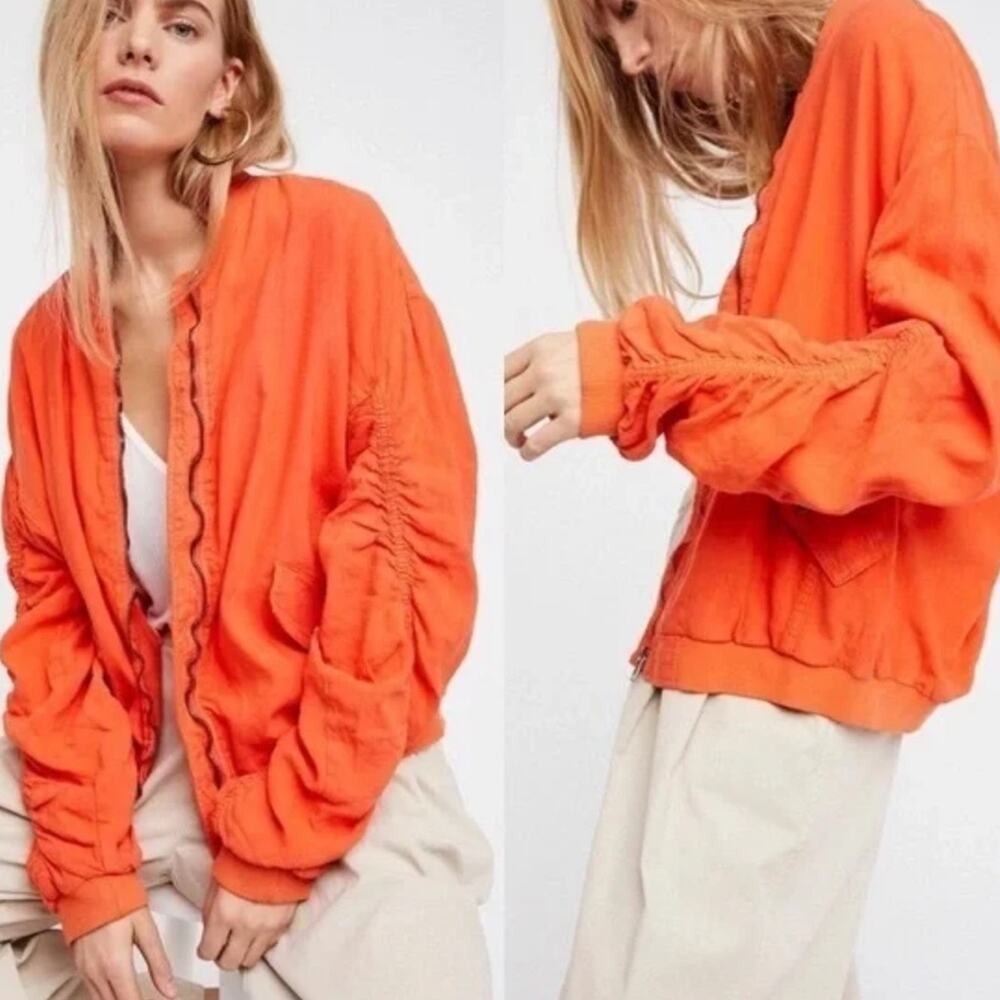Free People‎ Ruched Cosy Fit Soft Orange Bomber Jacket Full Zip Women's Size XS